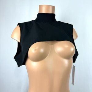 IC By Connie K Black Shrug Top Mock Neck Sleeveless Collar Open Back Bow Tie - L